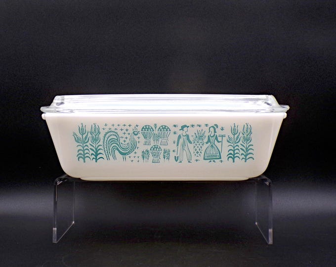 Vintage Kitchenware Refrigerator Box, Pyrex, Butterprint, Turquoise over White, #503, 1 1/2 Quart, 1957 - 1968