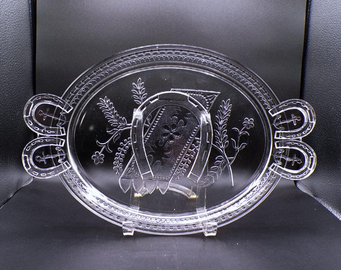 Early American Pressed Glass Bread Plate, Adams and Company, Prayer Rug (aka) aka Good Luck; Horseshoe; Prayer Mat; Wheelbarrow, 1881