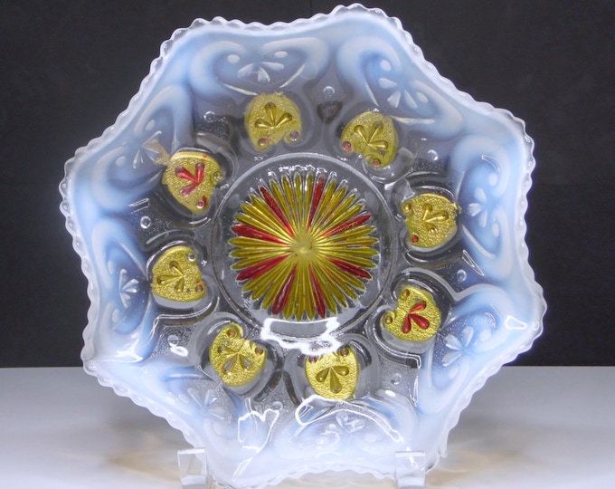 Early American Pressed/Opalescent Goofus Glsss Bowl, Dugan Glass Company, Cashews (AKA), 1904