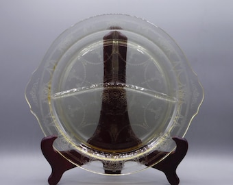 Depression Glass Handled Grill Plate, Hocking Glass Company, Cameo aka Ballerina, Yellow, 1930 - 1934