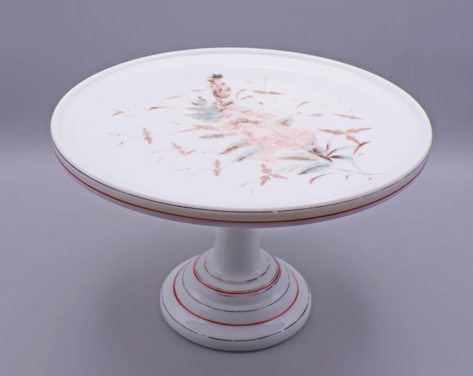 Early American Pressed Glass Cake Stand/Salver, Challinor, Taylor and Comp, #900 (OMN) Hand Painted Floral Decor, Opaque Glass, Late 1880s