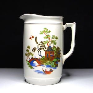 Pottery Pitcher, Morley, Fox And Company, Stoke-On-Trent. England, Japanese Inspired Transfer, 1906 - 1920