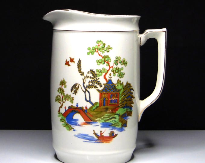 Pottery Pitcher, Morley, Fox And Company, Stoke-On-Trent. England, Japanese Inspired Transfer, 1906 - 1920
