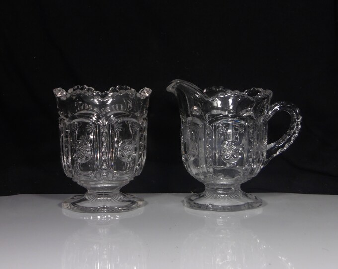 Early American Pressed Glass Sugar And Creamer, Tarentum Glass Company; Tarentum #1906; Peerless (OMN) AKA Frost Crystal; 1906
