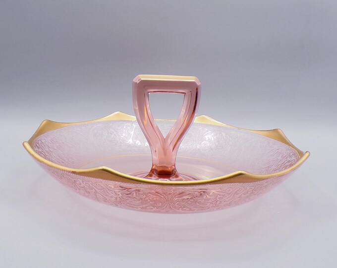 Elegant Era Glass Cupped Center Handled Server, Central Glass Works, #1435 with Lotus Glass Company Georgian Etch, Pink, 1920s
