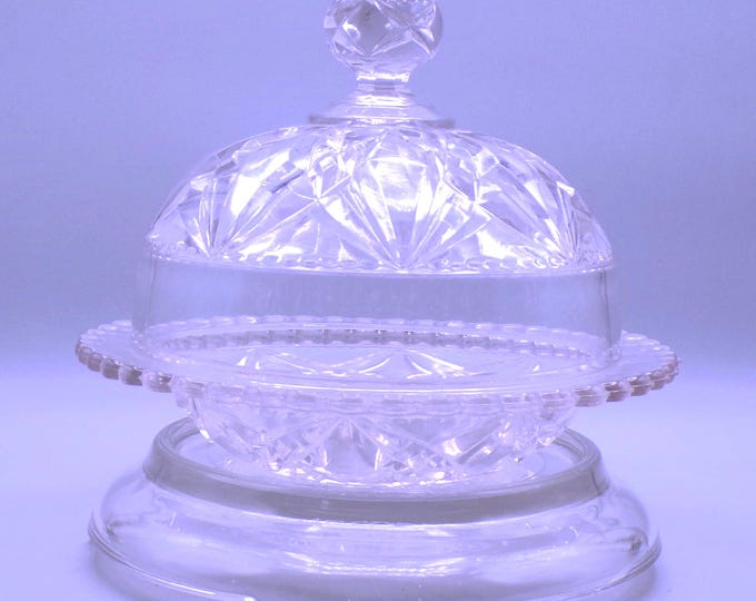 Early American Pressed Glass Butter Dish, Tarentum Glass Company, Albany (OMN) aka Beveled Diamond and Star c 1894