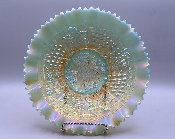 Carnival Glass Bowl, H Northwood Glass Company, Grape and Cable variant, Aqua Opalescent, 1910 -1918