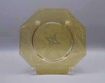 Vintage Amber Glass Salad Plate: L E Smith Romanesque, 1920s Octagon