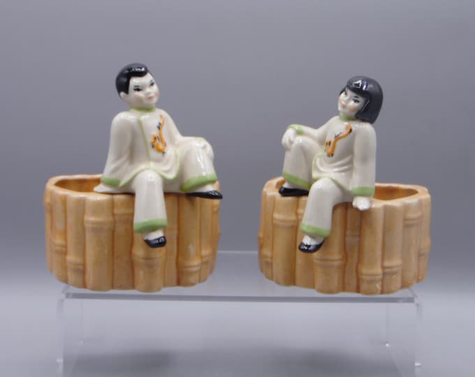 Pottery Planters, Ceramic Arts Studio, Madison WI, Chines Boy and Chinese Girl on Bamboo Planter 1947