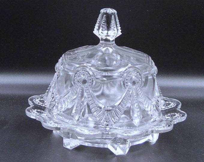 EAPG Butter Dish, US Glass Alabama Pattern, Beaded Bulls Eye Drape 1899