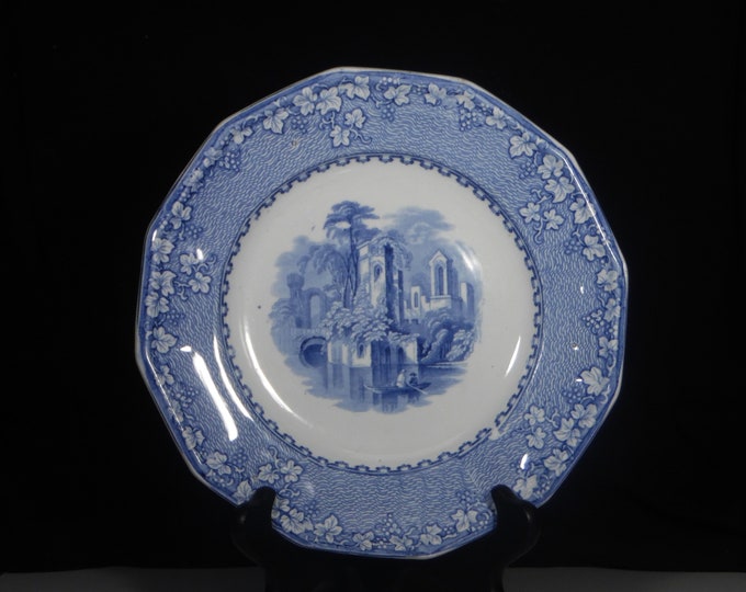Pottery Salad/Luncheon Plate, John Alcock, Cobridge, "Priory", Blue Transfer 1853 - 1861