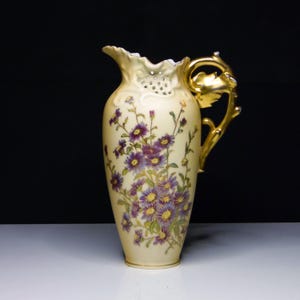 Art Nouveau Porcelain Pitcher: Purple Asters, Gilt Handle, Lazarus Strauss Royal Rudolstadt 1904-1924