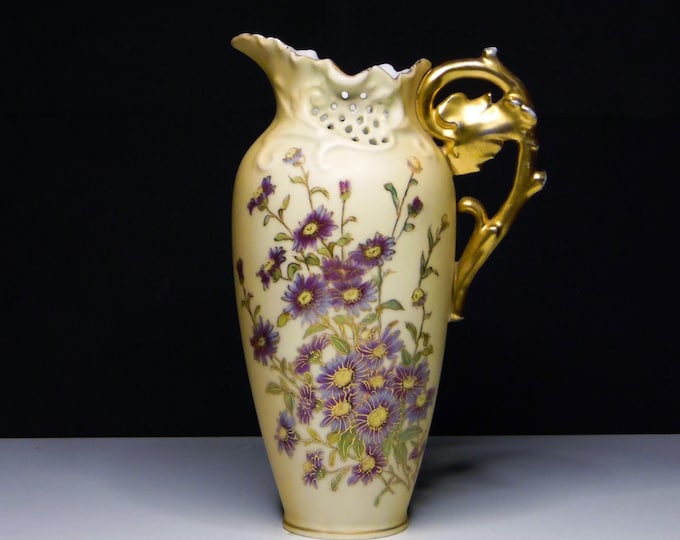 Art Nouveau Porcelain Pitcher: Purple Asters, Gilt Handle, Lazarus Strauss Royal Rudolstadt 1904-1924