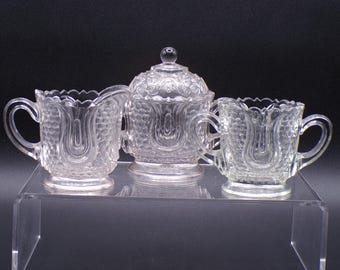 Early American Pressed Glass Partial Toy Table Set, Federal Glass Company, Wabash (OMN) aka Tulip and Honeycomb, c 1910