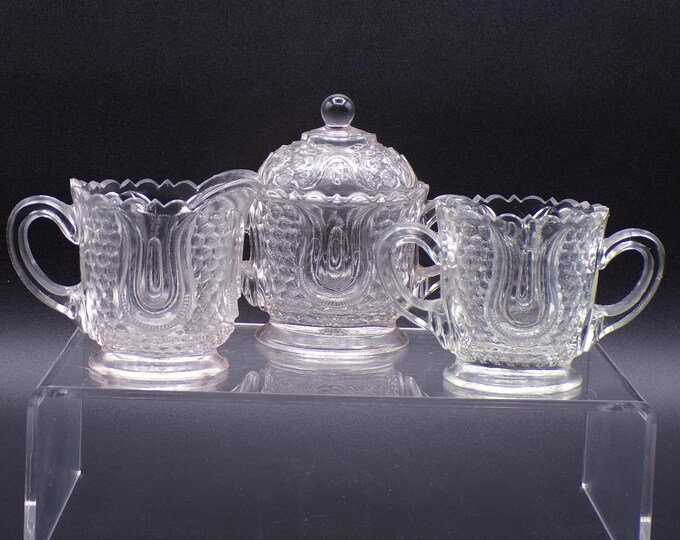 Early American Pressed Glass Partial Toy Table Set, Federal Glass Company, Wabash (OMN) aka Tulip and Honeycomb, c 1910