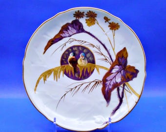 Porcelain Plates; Martial Redon, Limoges; Hand Painted Birds on Gold Palm Frond 1882-1890