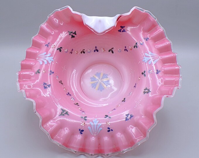 Victorian Pink Cased Glass Brides Bowl: Enamel Floral Art, c1880-1890