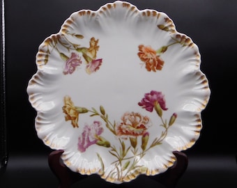 Antique Limoges Porcelain Charger: Carnation Floral, Gilt Scalloped Edge