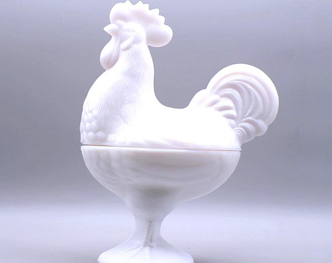 Vintage Glass Covered Candy Dish, Westmoreland Glass Company, Rooster, Milk Glass, ca 1960s