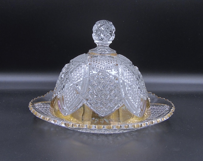 Early American Pressed Glass Butter Dish, Diamond Cut, Gold Decor