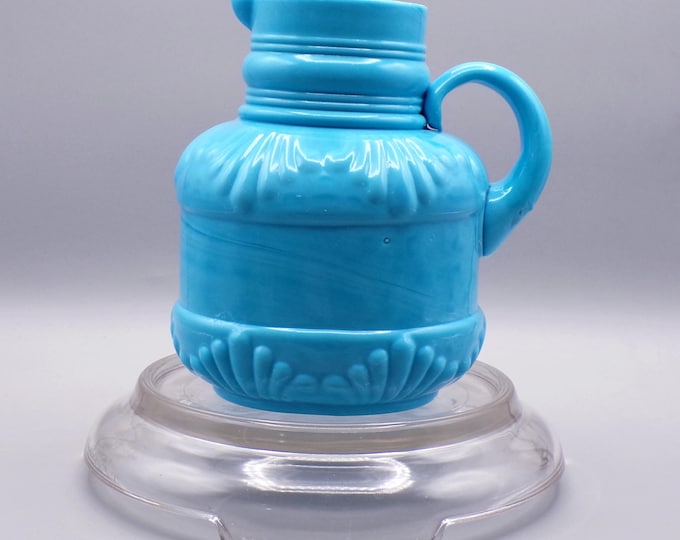 Vintage Glass Cream or Milk Pitcher, Portieux and Vallerysthal, unknown shell or plume pattern, blue milk glass, c 1920s