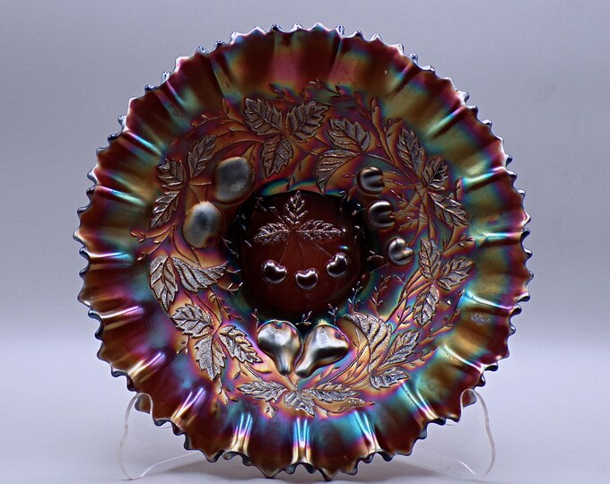 Carnival Glass Bowl, Northwood Glass Company, Three Fruits, Amethyst, 1910 - 1911