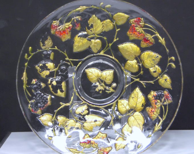 Goofus Glass Large Plate/Platter; Dugan Glass Company, Intaglio Line (OMN) Strawberry, 1915