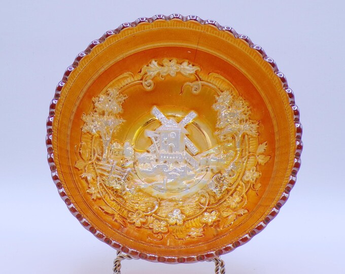 Carnival Glass Bowl, Imperial Glass Company, Windmill, Marigold, 1915-1923