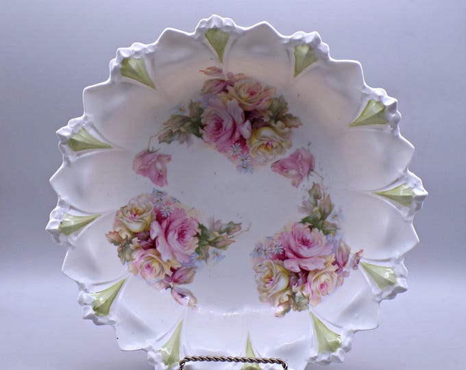 Porcelain Bowl, R S Prussia, Unmarked, Sawtooth Mold Lithograph Transfer Roses, 1890 - 1917