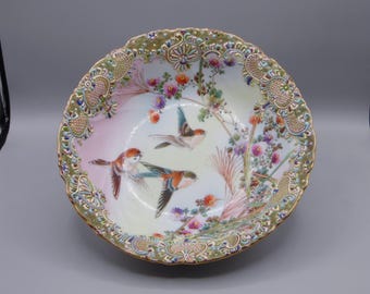 Meiji Period Porcelain Bowl: Hand-Painted Birds, Moriage Decor