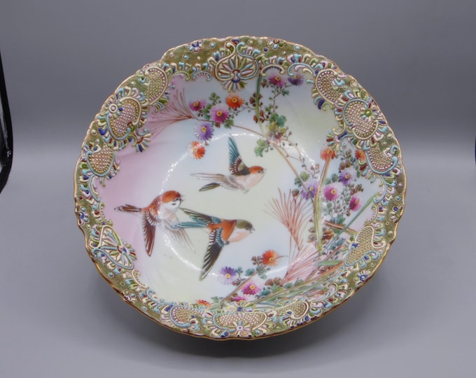 Porcelain (China) Bowl, Shimamura, Meiji Period (1868 - 1913) Hand Painted Birds and Floral, Heavy Moriaga Decoration ca 1880 - 1900