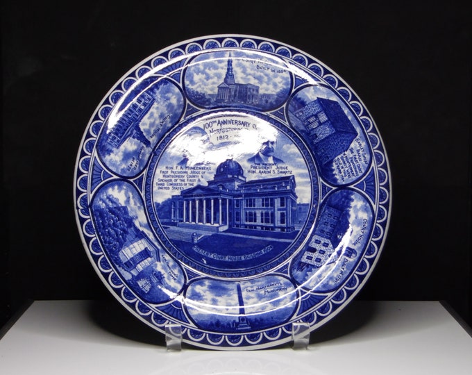 Pottery Flow Blue Souvenir Plate, Rowland And Marsellus, New York, 100th Anniversary of Norristown PA, 1912