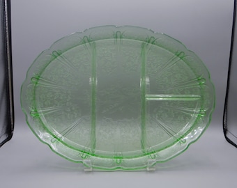 Depression Glass Divided Platter Jeannette Glass Company Cherry Blossom, Green, 1930 - 1939