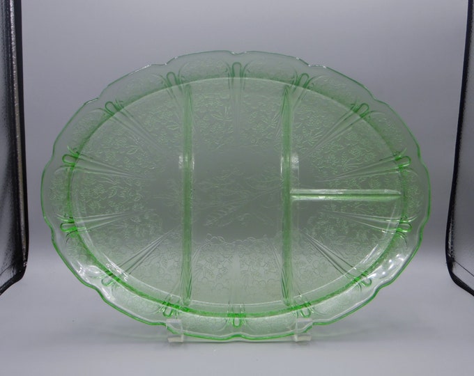 Depression Glass Divided Platter Jeannette Glass Company Cherry Blossom, Green, 1930 - 1939