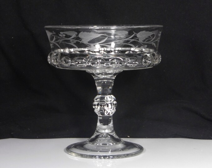 Early American Pressed Glass Compote, Ripley And Company (2nd) Dakota (OMN) AKA Baby Thumbprint With Engraving #76 c 1885