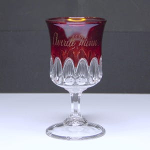 Early American Pressed Glass Water Goblet: Ruby Stained Averill, Minnesota Souvenir