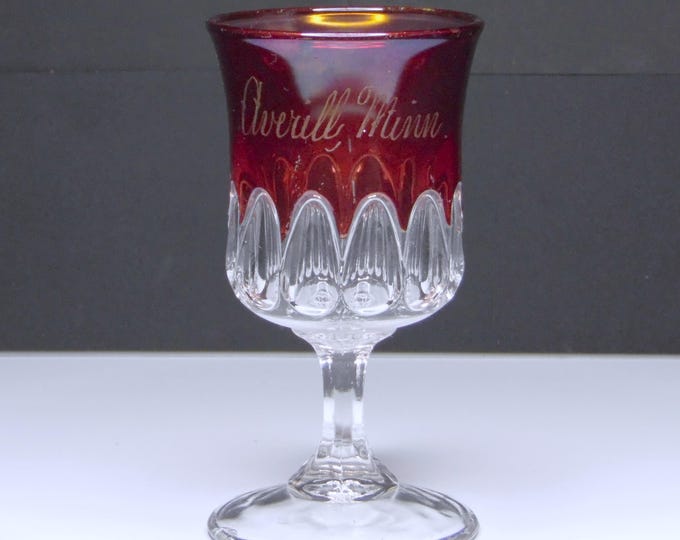 Early American Pressed Glass Water Goblet: Ruby Stained Averill, Minnesota Souvenir