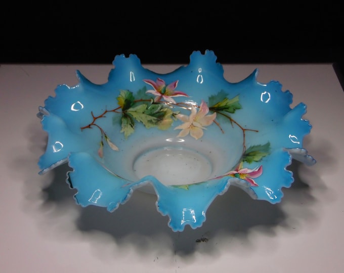 Vintage Glass Brides Bowl, Unknown European Maker, Blue Opaque with Handpainted Pink Floral c 1880s