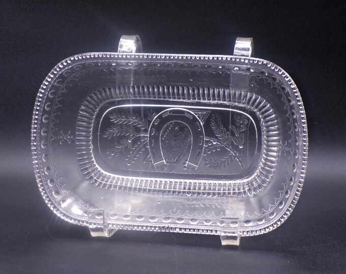 Early American Pressed Glass Oblong Dish, Adams and Company, Prayer Rug (aka) aka Good Luck; Horseshoe; Prayer Mat; Wheelbarrow; Intro 1881