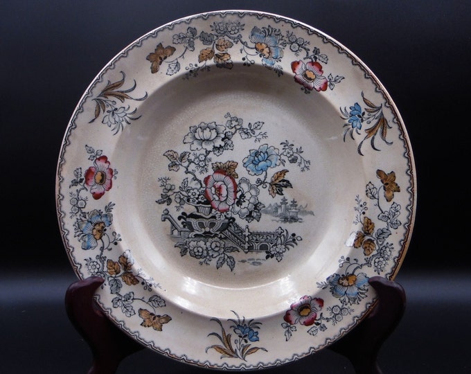Antique English Pottery Large Rim Soup Bowl Bates & Walker Burslem England Flower Vase Pattern 1875 - 1878
