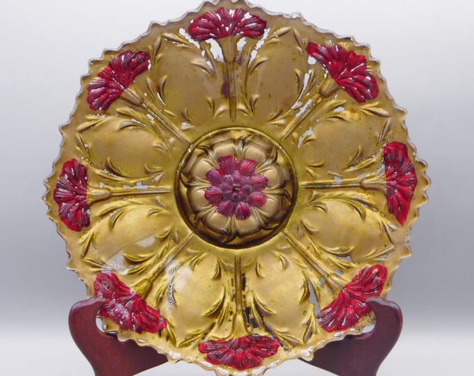Goofus Glass/Early American Pressed Glass Cake Plate, Lancaster Glass Company, Carnation Ware (OMN) a/k/a Carnation Red/Gold c 1911