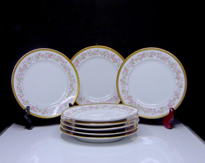 Limoges Porcelain Dessert Plates: Hand-Painted Pink Rose Garland, Set of 8