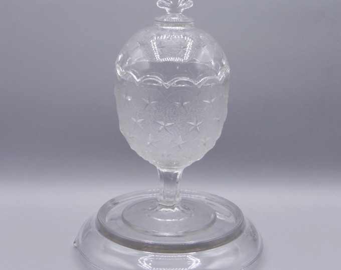 Early American Pressed Glass Sugar Bowl with Lid, Gillinder and Sons, Inc. Star (OMN) aka Stippled Star, c 1870s