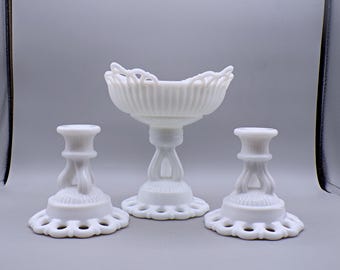 Vintage Glass/Milk Glass Console Set, Westmoreland Glass Company, Doric, 1947 - 1970
