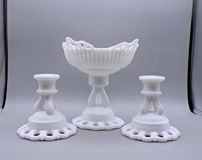 Vintage Glass/Milk Glass Console Set, Westmoreland Glass Company, Doric, 1947 - 1970