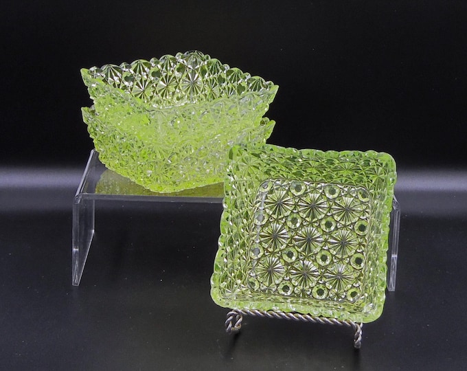Vaseline Glass Berry Bowls, Daisy and Button Pattern, Set of 3