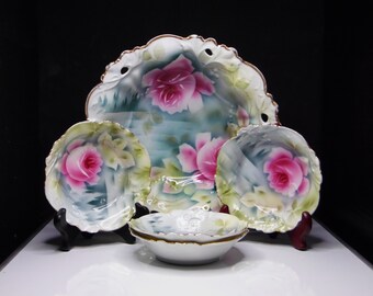Antique Erdmann Schlegelmilch Porcelain Berry Set: Pink Roses, Germany, 1900-1920