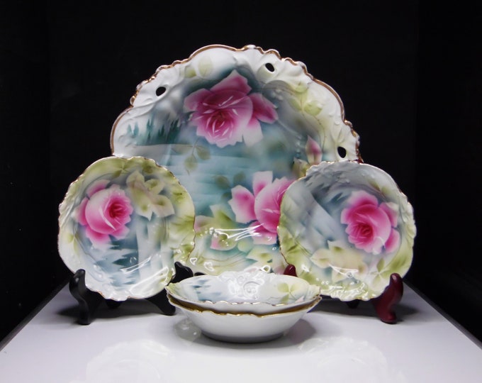 Porcelain Berry Set (Master/Individual Bowls) E S Germany Suhl Factory, Unknown Mold, Pink Roses, 1900 - 1920