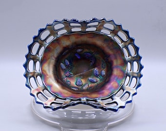 Carnival Glass Hat, Fenton Art Glass Company, Blackberry Open Edge, Blue, 1911 - 1928