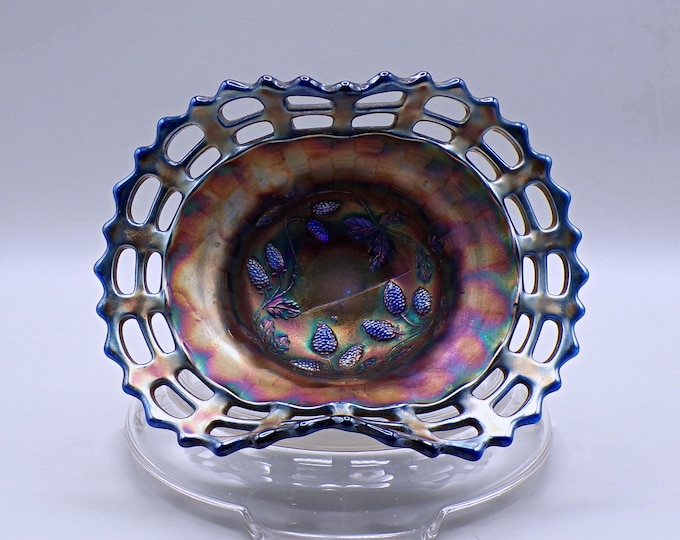 Carnival Glass Hat, Fenton Art Glass Company, Blackberry Open Edge, Blue, 1911 - 1928